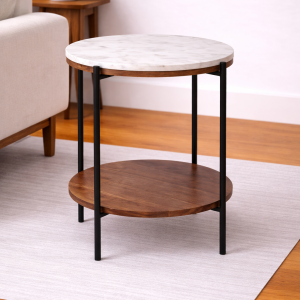 2 Level Marble & Wood Side Table with Iron Base
