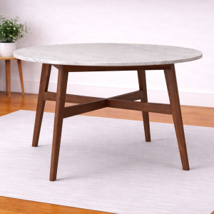 4 Seater Round Marble Top with Wooden Base Dining Table