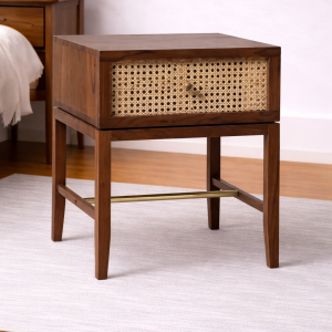 Classic Rattan and Wood Side Table with Storage