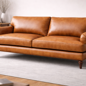 Classic Leather Puffed Sofa with Carved Wooden Legs