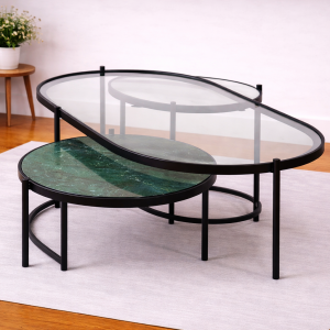 Glass & Marble Top with Iron Base Centre Table