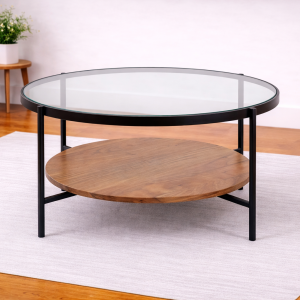 Glass Top & Wooden Shelf with Metal Base Centre Table
