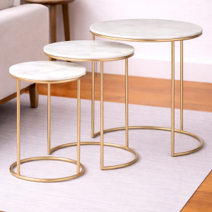 Set of Three Marble Top End Tables with Metal Base