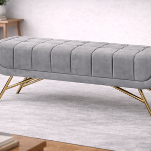 Upholstered ottoman with metal legs.