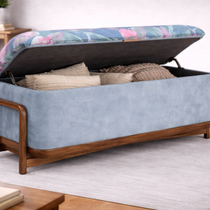 Upholstered Ottoman with Wooden Base and Storage