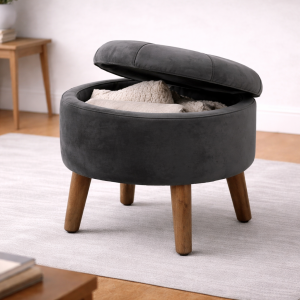 Upholstered puff with wooden legs and storage.