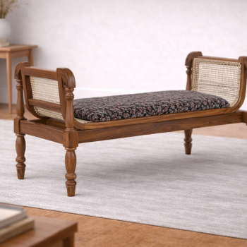 Classic Rattan and Hand-Carved Wooden Ottoman